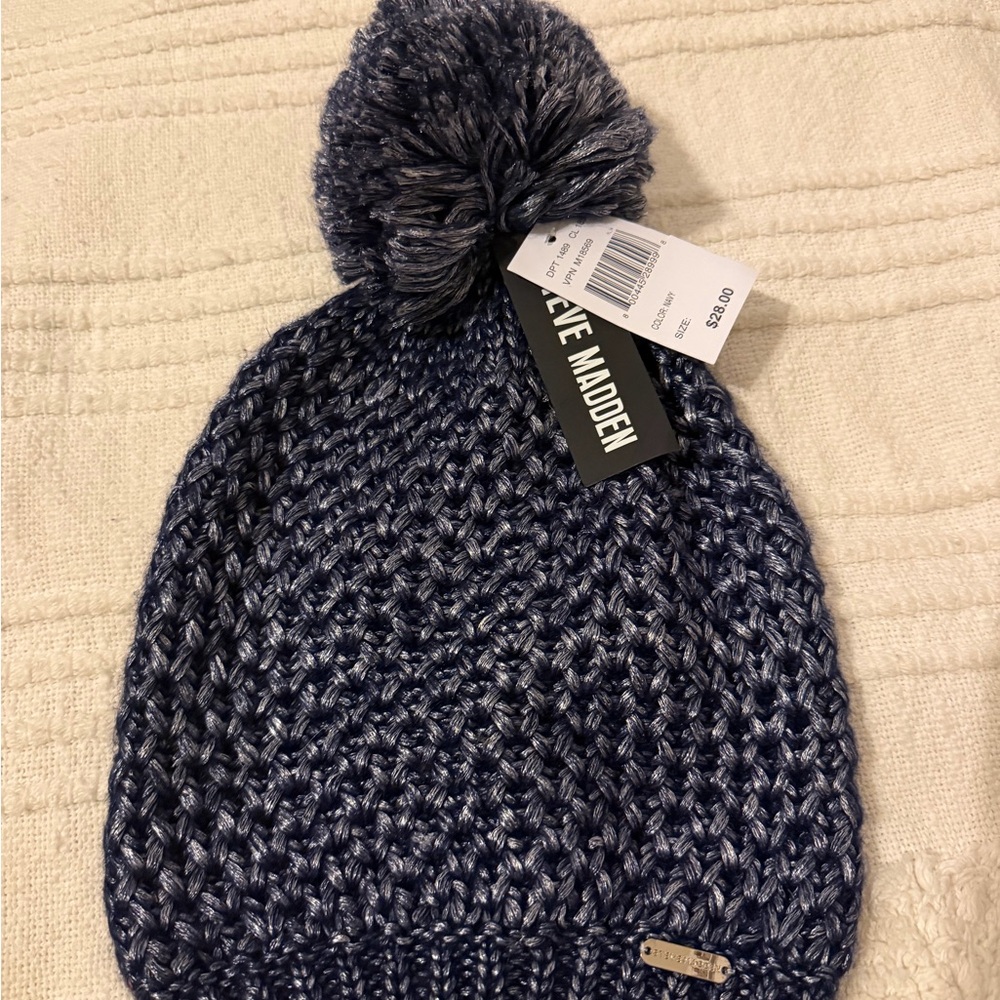 Steve Madden Navy Knit Beanie with Pom-Pom